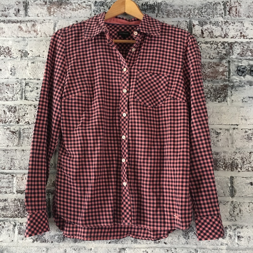 Talbots, pink/navy checkered button down shirt